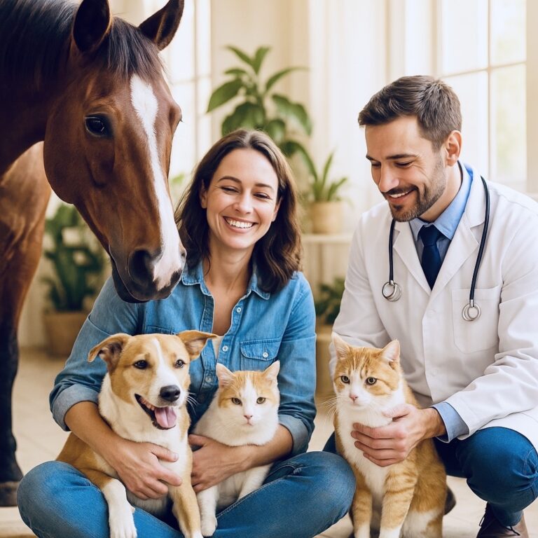 Tierarztpraxis mit Pferd, Hund und Katzen